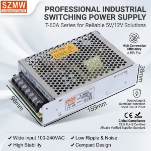 T-60A Triple Output Switching Power Supply 5V 5A 12V 2.5A -5V 0.5A 85 264V Wide Input CE RoHS Certified 3 Years Warranty