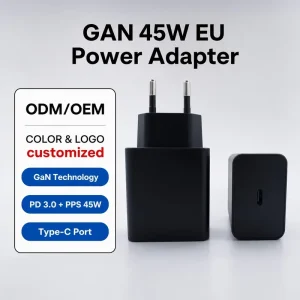 T4510 EU 45W PD Type-C USB-C Power Adapter with OVP OTP GaN for Mobile Phone, Tablet, and Laptop