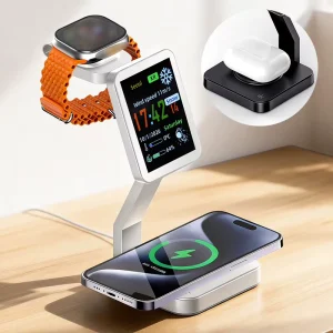 TC16 All-in-One Wireless Magnetic Charger Station with Smart Screen Clock Weather Travel Desktop Charger for Phone Watch Pods