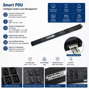 Three Phase Backend Top Entry Self Wiring 12 Circuit Breaker 36 C39 125A Rack Smart Intelligent Outlet-Level Management PDU