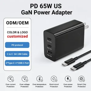 US Plug 65W 25W 15W GaN Power Adapter with 2 USB-C Ports, USB-A Port, PD QC, 5A, and 1.8M Cable