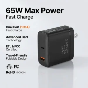 US Plug ETL 65W GaN PD Wall Charger USB-C Dual-Port Adapter for Laptops and Mobile Devices
