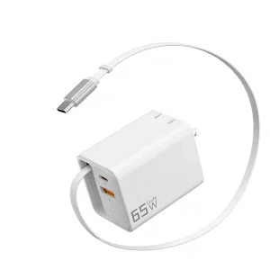 US UK AU EU Plug Compact 65W GaN PD Charging Adapter with Retractable USB-C Cable QC3.0