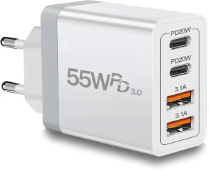 USB C Charger 55 W Fast Charger 4 Ports Multiple Charger USB Plug PD 3.0 Power Adapter USBC Power Supply for iPhone Samsung