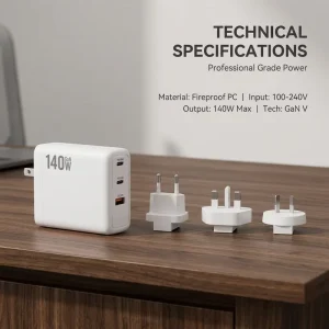 USB-C Charger Block 140W GaN Fast Charger Phone Laptop Power Adapter Wall Charger with Convertible UK EU AU Plugs