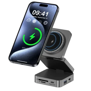 USB-C Hub with Wireless Charging, Aluminum Alloy Housing, USB 3.0 5Gbps, and Micro SD Card Support