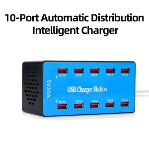 USB Charger 100W 20A 10-Port Charging Station for Multiple Devices, Smartphones and Tablets