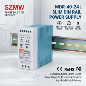 Ultra Slim DIN Rai SZMW MDR-40-24 SMPS Power Supply with DC OK Relay Low No-load Loss for PLC Sensor Building Automation Control