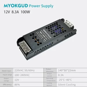 Ultra-slim LED Driver for Linear Light Strips in Commercial Office Buildings 100~240 VAC Single Output Type 100 W 12VDC