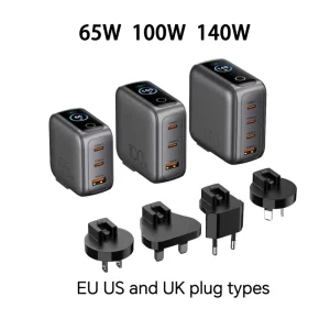 Universal 65W GaN PD Fast Charger with Digital Display 2 USB-C and 1 USB-A Ports for Phones Laptops Earphones
