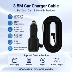Universal Car Charger Cable Kit DC12V 24V to 5V Buck Module 3.5M Cord Plug and Play Charging for Dash Cam Phone Tablet