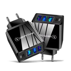 Universal Mobile Phone USB Power Adapter 4-Port USB-C 20W QC3.0 15W Fast Charging Travel Charger with GaN Material US EU UK