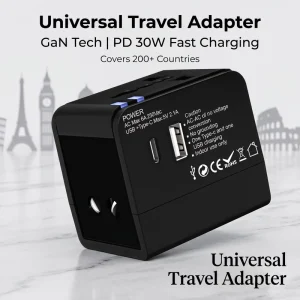 Universal Travel Adapter All in One Wall Charger with 1 USB A + 1 Type C Port 2.4A Fast Charge 30W Max Worldwide Use