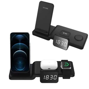 Wireless Charging Stand with Clock for iPhone 17 Pro Samsung Phone Dock Station for Apple Watch AirPods Pro Charger Stand