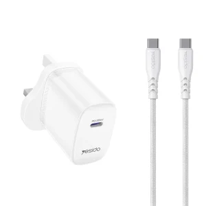 Yesido PD 35W Fast Charging USB C Port PC Fire retardant UK Standard Charger Set With 1M C C Cable YC153